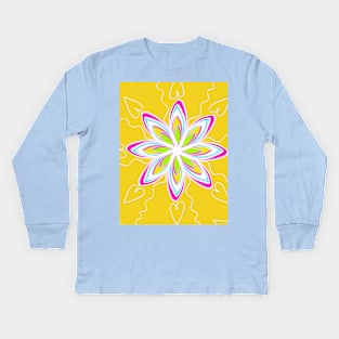 Yellow Mandala with Hearts and  Pink, White, Blue, and Green Flower Kids Long Sleeve T-Shirt